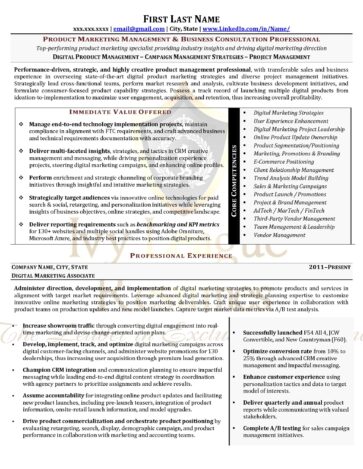 Watermarked Product Marketing and Management résumé sample showing digital strategy, product leadership, and measurable growth