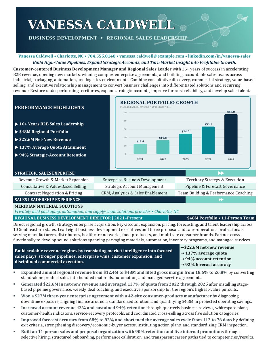 Business Development and Regional Sales Leader résumé sample