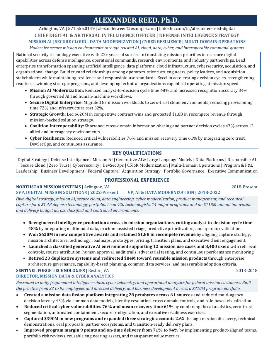 Chief Digital and Artificial Intelligence Officer defense intelligence résumé sample