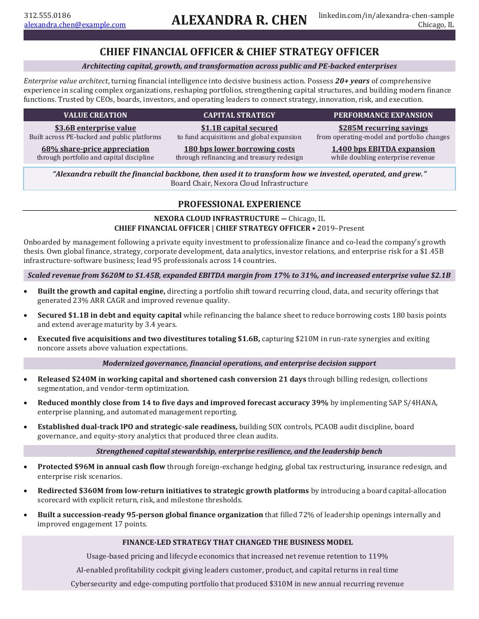 Enterprise Chief Financial Officer and Chief Strategy Officer résumé sample