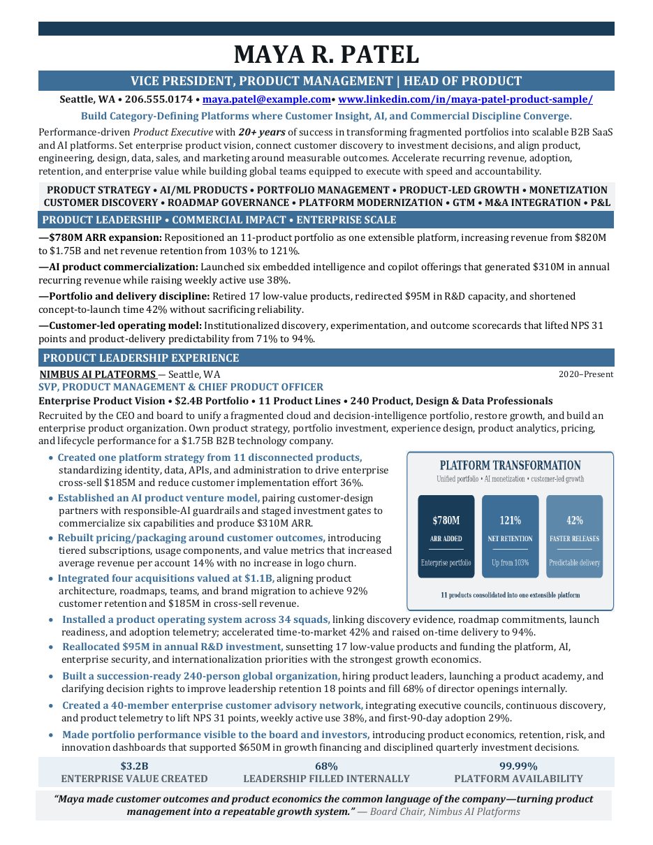 Vice President of Product Management and Head of Product résumé sample